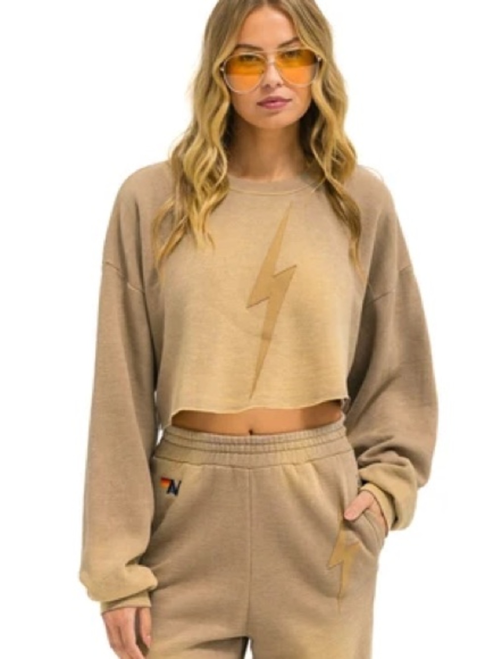 AVIATOR NATION • NWT BOLT STITCH CROPPED CREW SWEATSHIRT RELAXED - FADED TAN